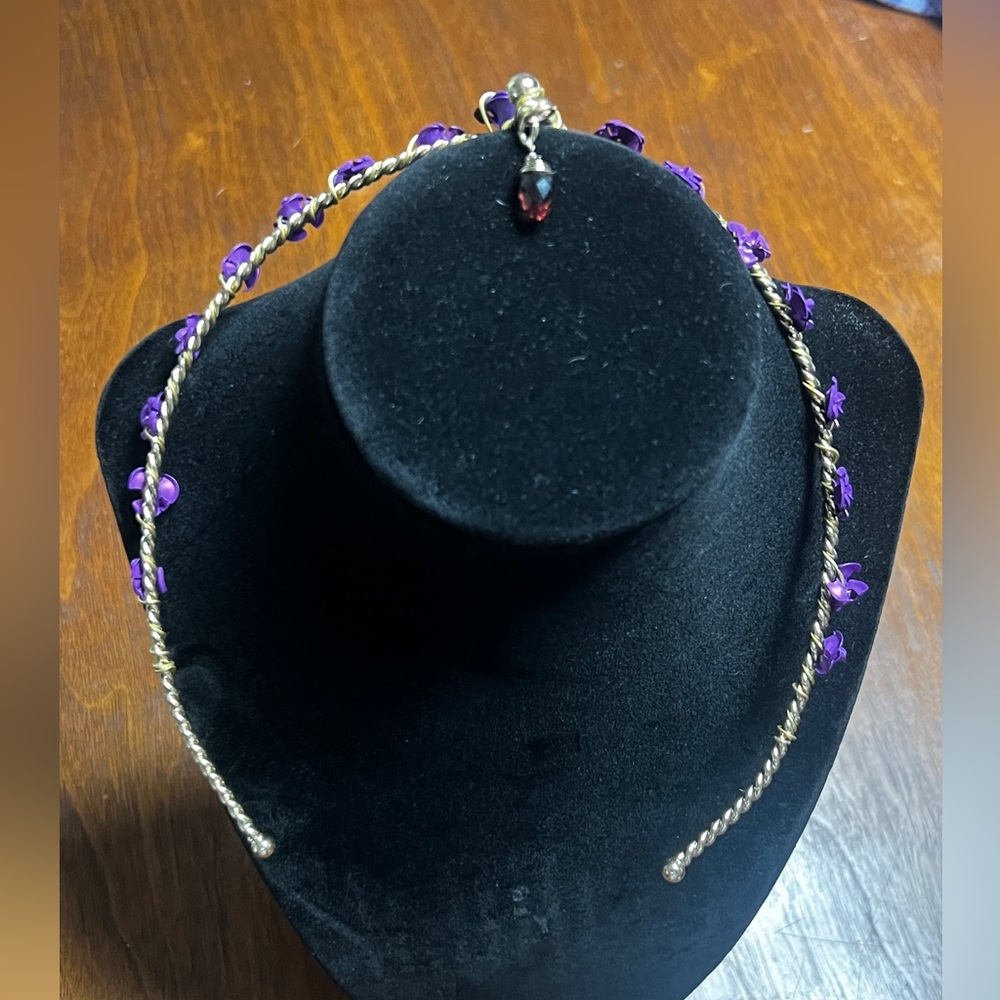 Handmade Wire Headband with Purple Flower and Beaded charm embellishments
